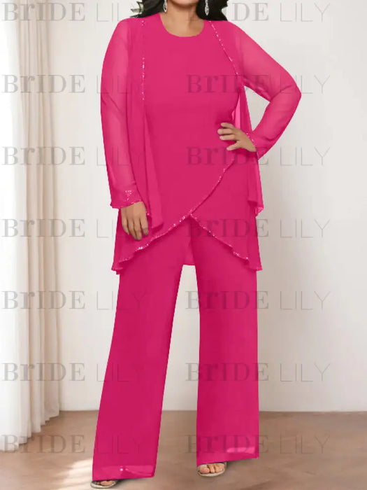 Fuchsia plus size chiffon mother of the bride pantsuit with jacket
