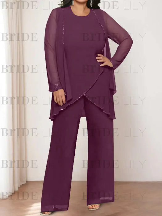 Grape plus size chiffon mother of the bride pantsuit with jacket