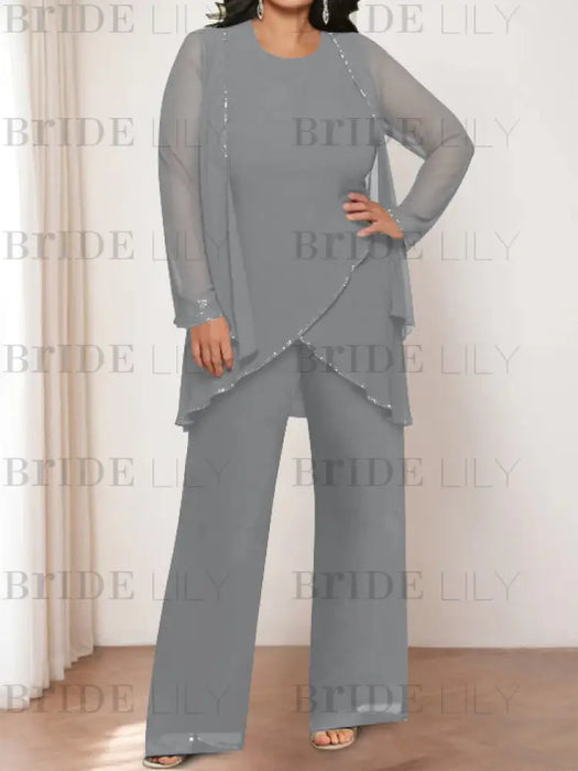 Plus size grey chiffon pantsuit with a beaded tunic and jacket