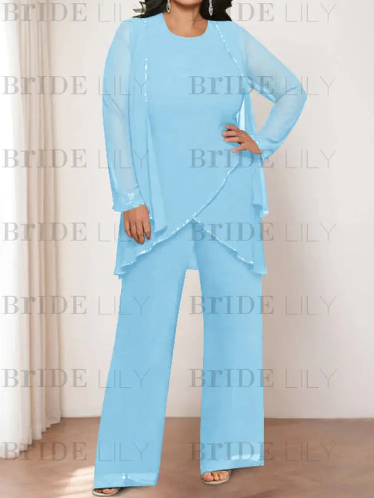 Light Blue plus size chiffon mother of the bride pantsuit with jacket