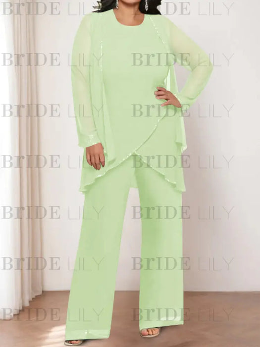 Plus size light green chiffon pantsuit with a beaded tunic