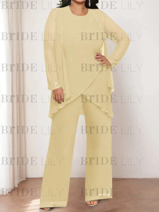 Plus size pale yellow chiffon pantsuit with a beaded tunic
