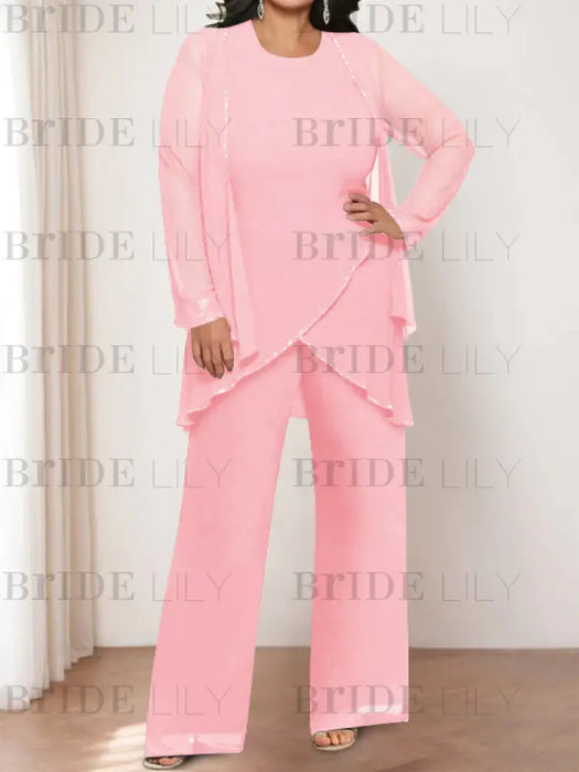 Plus size pink chiffon pantsuit with a beaded tunic and jacket