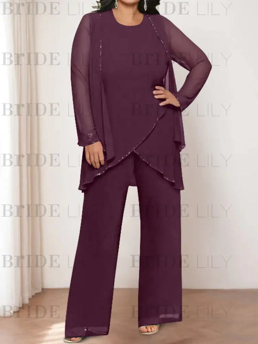 Plum plus size chiffon mother of the bride pantsuit with jacket