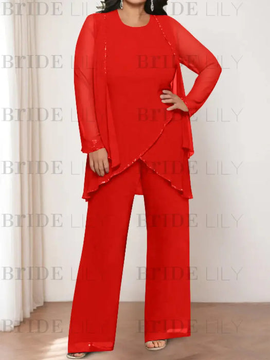 Red plus size chiffon mother of the bride pantsuit with jacket
