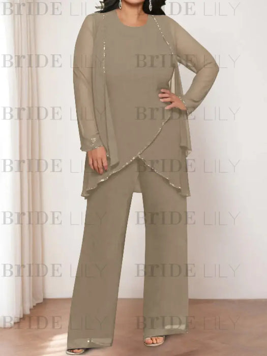 Taupe plus size chiffon mother of the bride pantsuit with jacket