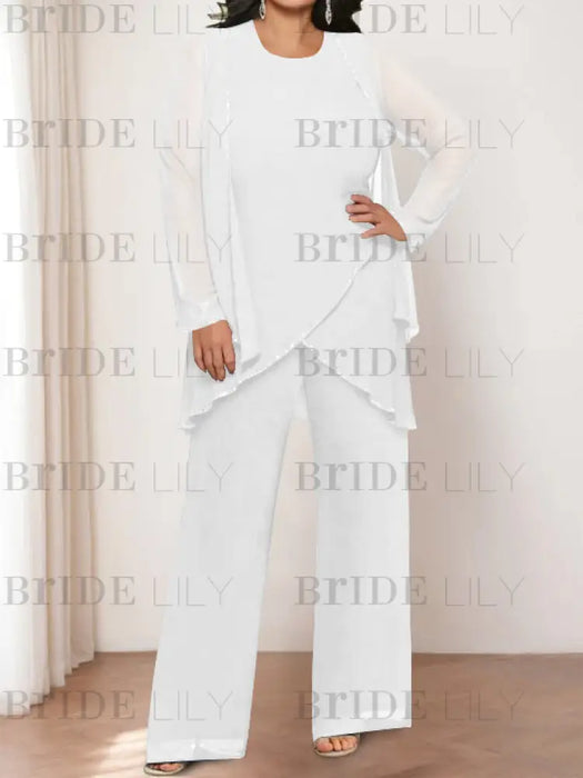 White plus size chiffon mother of the bride pantsuit with jacket
