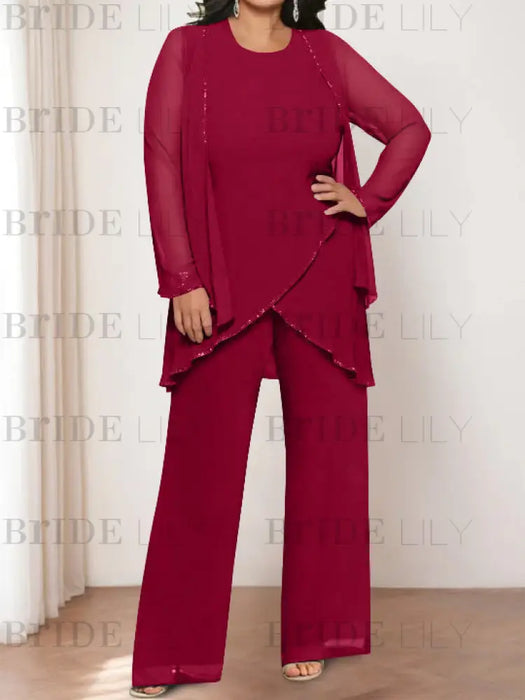 Wine Red plus size chiffon mother of the bride pantsuit with jacket