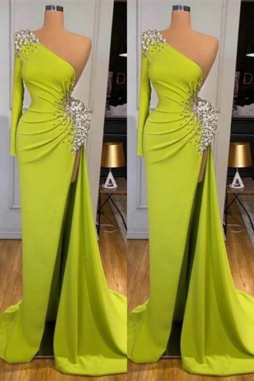 Beaded Yellow Green Mermaid Long Prom Dress with Split Sleeves