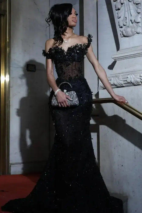 Strapless Beadings Mermaid Prom Dress Black with Tassels