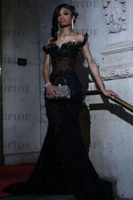 Strapless Beadings Mermaid Prom Dress Black with Tassels