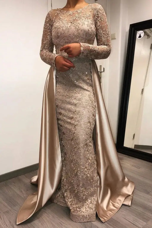 Beadings mermaid Evening Dress Long Sleeves with Satin Detachable Train - Prom Dresses