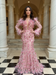 Beautiful Pink Mermaid Evening Dress Beadings Long Sleeves Prom Dress with Fur - Prom Dress