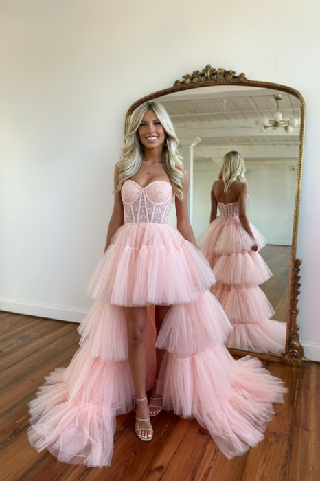 Beautiful Pink Prom Dress with Sleeveless Gown Tulle Train