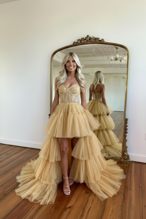 rose gold prom dress with train Gold Sequin Pink Rosette Mermaid Long Train Prom Dress