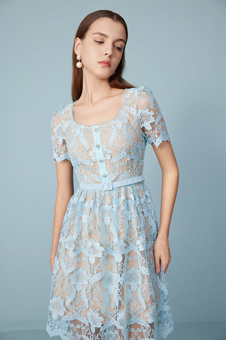 Beautiful Short Sleeves Aline Formal Lace Dress Knee Length Sky Blue Party Dress - Dresses
