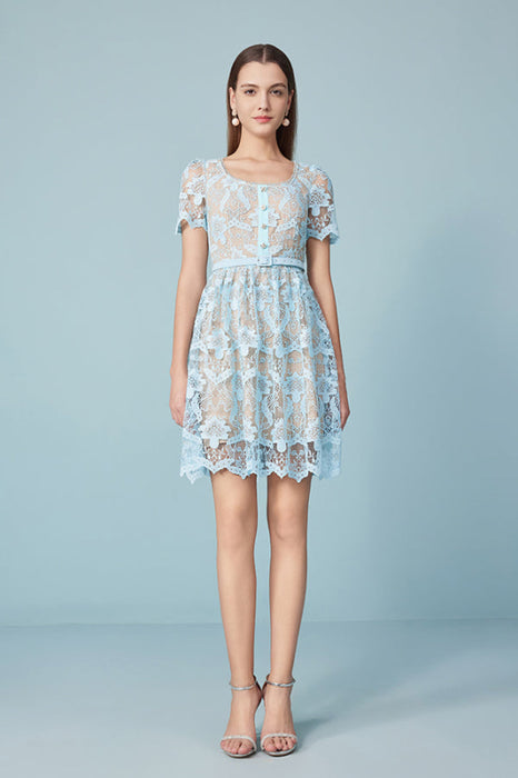 Beautiful Short Sleeves Aline Formal Lace Dress Knee Length Sky Blue Party Dress - Sky Blue / S - Dresses