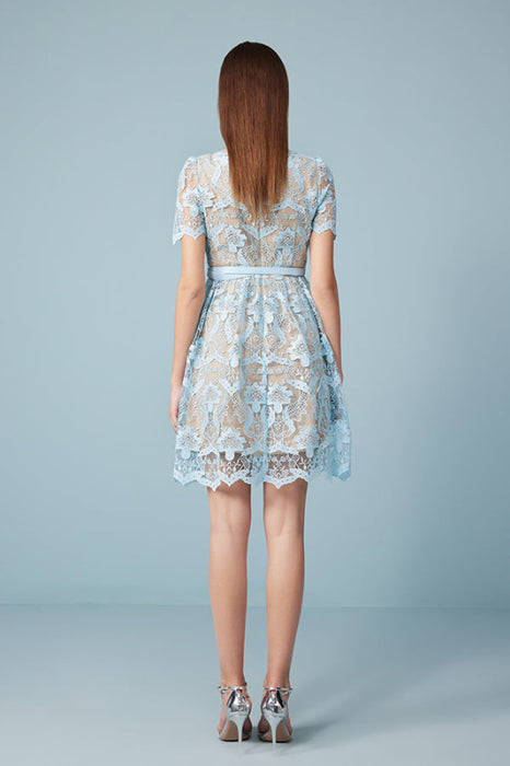 Beautiful Short Sleeves Aline Formal Lace Dress Knee Length Sky Blue Party Dress - Dresses