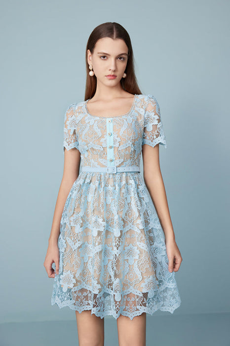 Beautiful Short Sleeves Aline Formal Lace Dress Knee Length Sky Blue Party Dress - Dresses