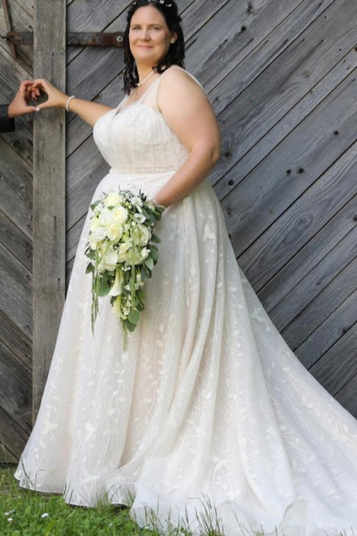 Beautiful Sleeveless Aline Wedding Dress Plus Size with Sash Floral Lace Tulle Bridal Gown