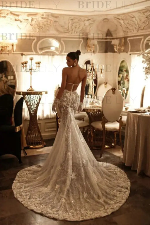 Beautiful Strapless V-Neck Sleeveless Appliques Lace Column Chapel Train Wedding Dress