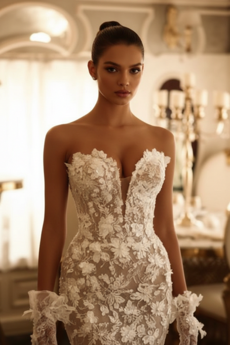 Beautiful Strapless V-Neck Sleeveless Appliques Lace Column Chapel Train Wedding Dress