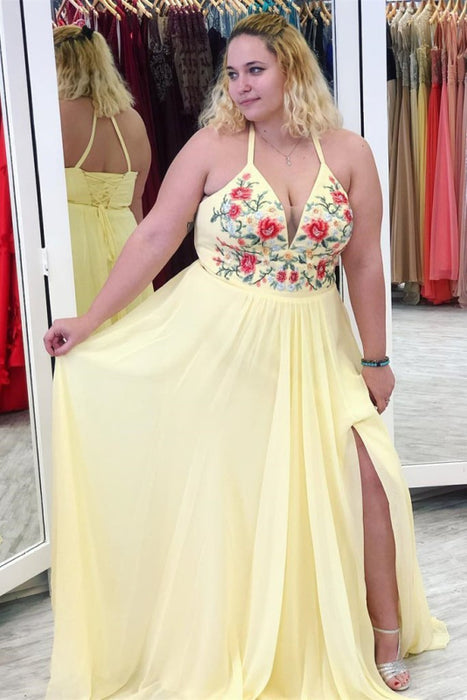 Best Latest Latest Yellow Halter Appliques Plus Size Prom with Slit A Line V Neck Sleeveless Party Dress - Prom Dresses