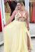 Best Latest Latest Yellow Halter Appliques Plus Size Prom with Slit A Line V Neck Sleeveless Party Dress - Prom Dresses