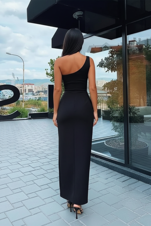 Chic Midnight One-Shoulder Evening Gown with Front Slit and Sleeveless Design