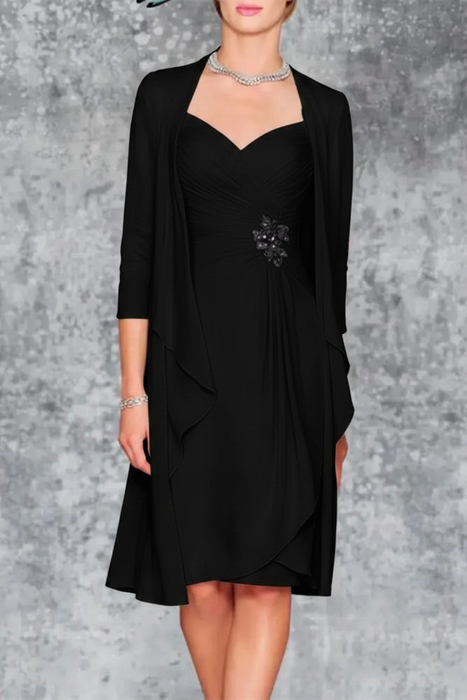 Black 3/4 Sleeves Knee Length Ruffle Chiffon Mother of the Bride Outfits with Lace - Prom Dresses