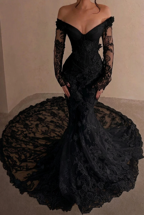 Black Off-the-Shoulder Lace Mermaid Wedding Dress with Long Sleeves