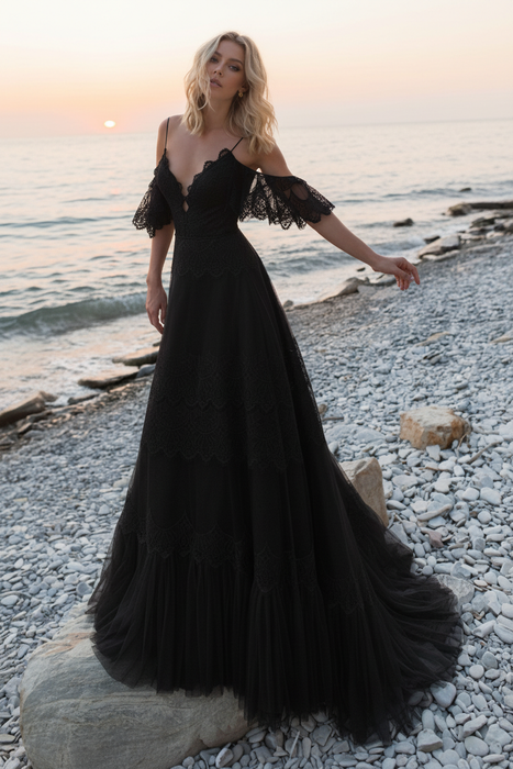 Deep V Neck Boho Lace Wedding Dress A-Line Short Sleeves– Bridelily