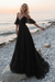 Black boho wedding dresses a line deep v neck straps lace short sleeve