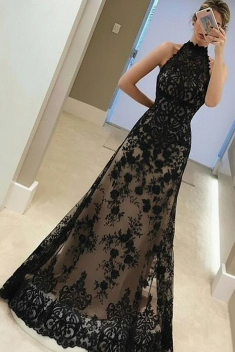 Black A-Line High Neck Sleeveless Floor-Length Lavender Lace Prom Dress - Prom Dresses