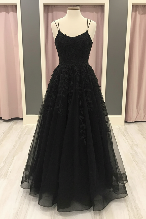 Black A Line Lace Long Prom Dresses