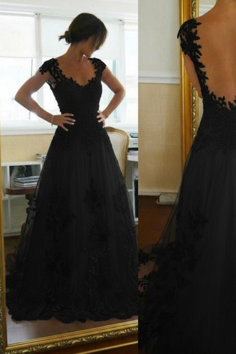 Black A-Line Lace Straps Pretty Sleeveless Wedding Dress - Wedding Dresses