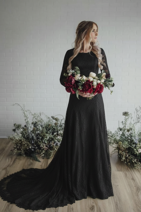 Black A Line Long Sleeve Lace Vintage Wedding Dress - Wedding Dresses