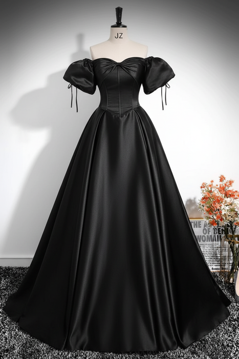 Black A-Line Pleated Off-The-Shoulder Prom Dress