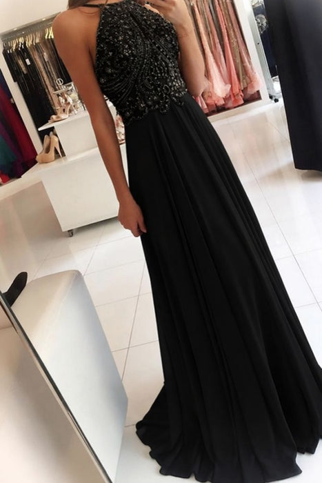 Halter Sleeveless Chiffon A-Line Prom Dress with Beadings