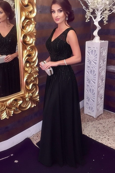 Black A-Line/Princess Sleeveless V-neck Floor-Length Beading Chiffon Dresses - Prom Dresses