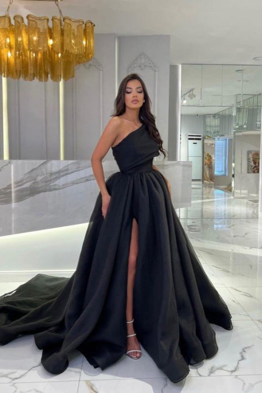 A Line Cold Shoulder Split Satin Prom Dress LBQ3577