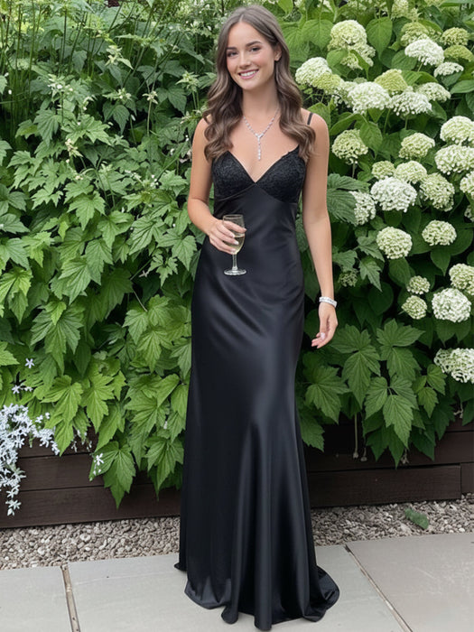 Black V-neck Beaded Satin A Line Prom Dress