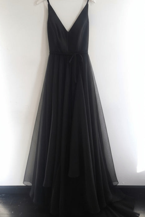 Black A Line V Neck Spaghetti Straps Tulle Prom Dresses