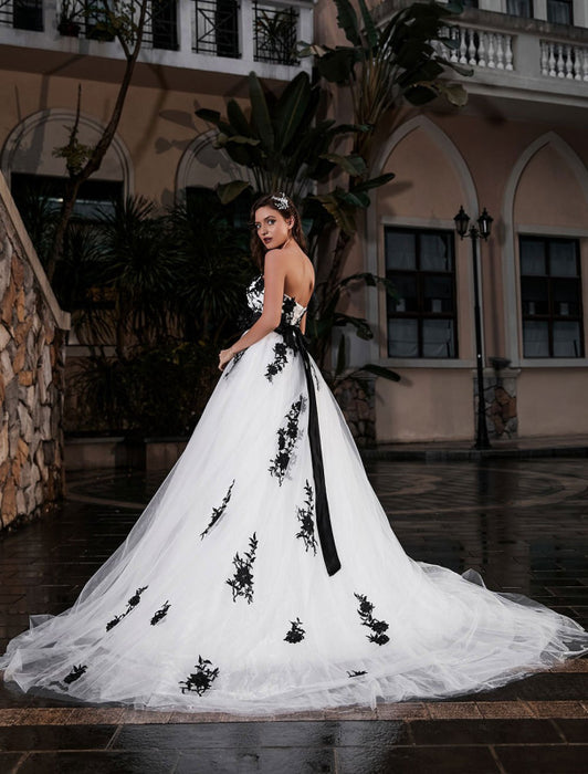 Black A-Line Wedding Dress Strapless Black Applique Sash Tulle Satin Fabric Wedding Gown