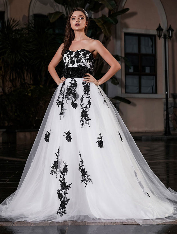 Tulle Satin Black A-Line Wedding Dress Strapless On Sale-Bridelily