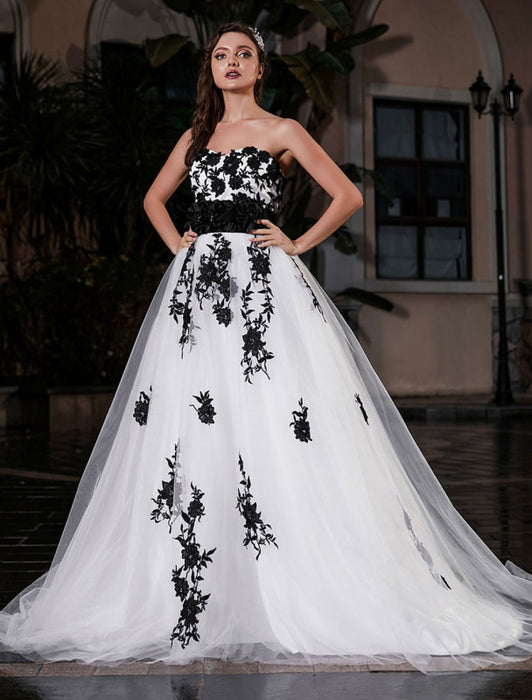 Black A-Line Wedding Dress Strapless Black Applique Sash Tulle Satin Fabric Wedding Gown