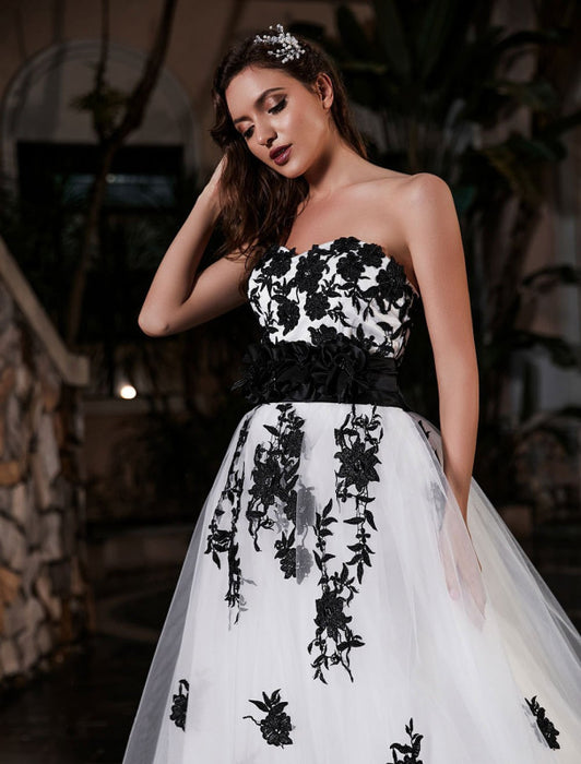 Tulle Satin Black A-Line Wedding Dress Strapless On Sale-Bridelily Tulle Satin Black A-Line Wedding Dress Strapless On Sale-Bridelily