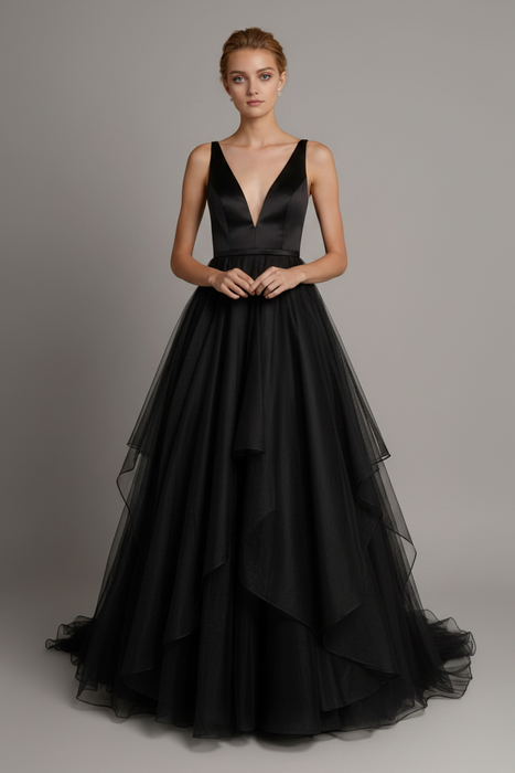 Black A-line Wedding Dresses With Train Sleeveless Backless Natural Waist Tiered V-Neck Long Bridal Dresses