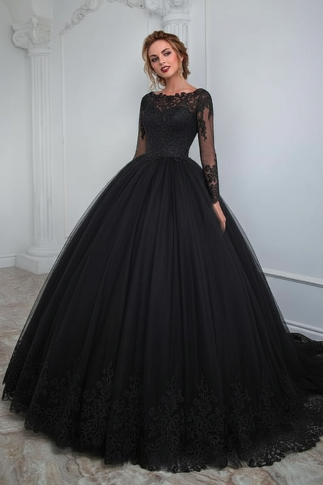 Black Aline Wedding Gown Long Sleeves Tulle Bridal Dress with Lace Appliques