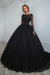 Black Aline Wedding Gown Long Sleeves Tulle Bridal Dress with Lace Appliques